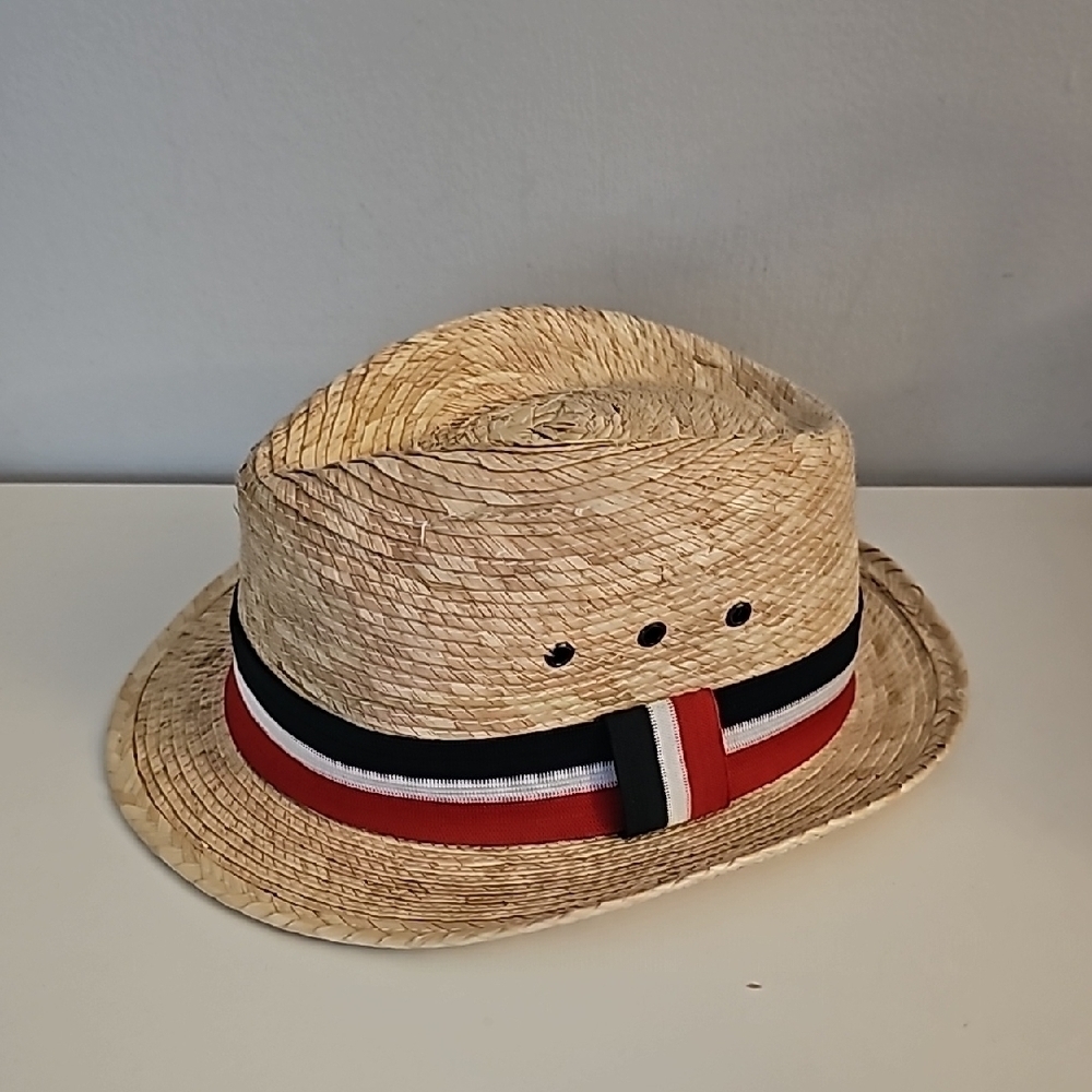 Stylish Straw Fedora with Red White and Blue Band